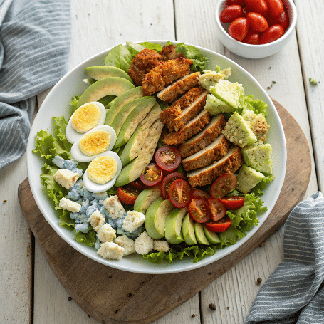 Recette salade Cobb au poulet sur une assiette blanche avec légumes frais et poulet croustillant