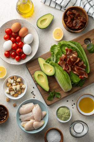 Recette salade Cobb au poulet : fraîcheur et gourmandise 3 all fresh ingredients for a cobb salad laid out on