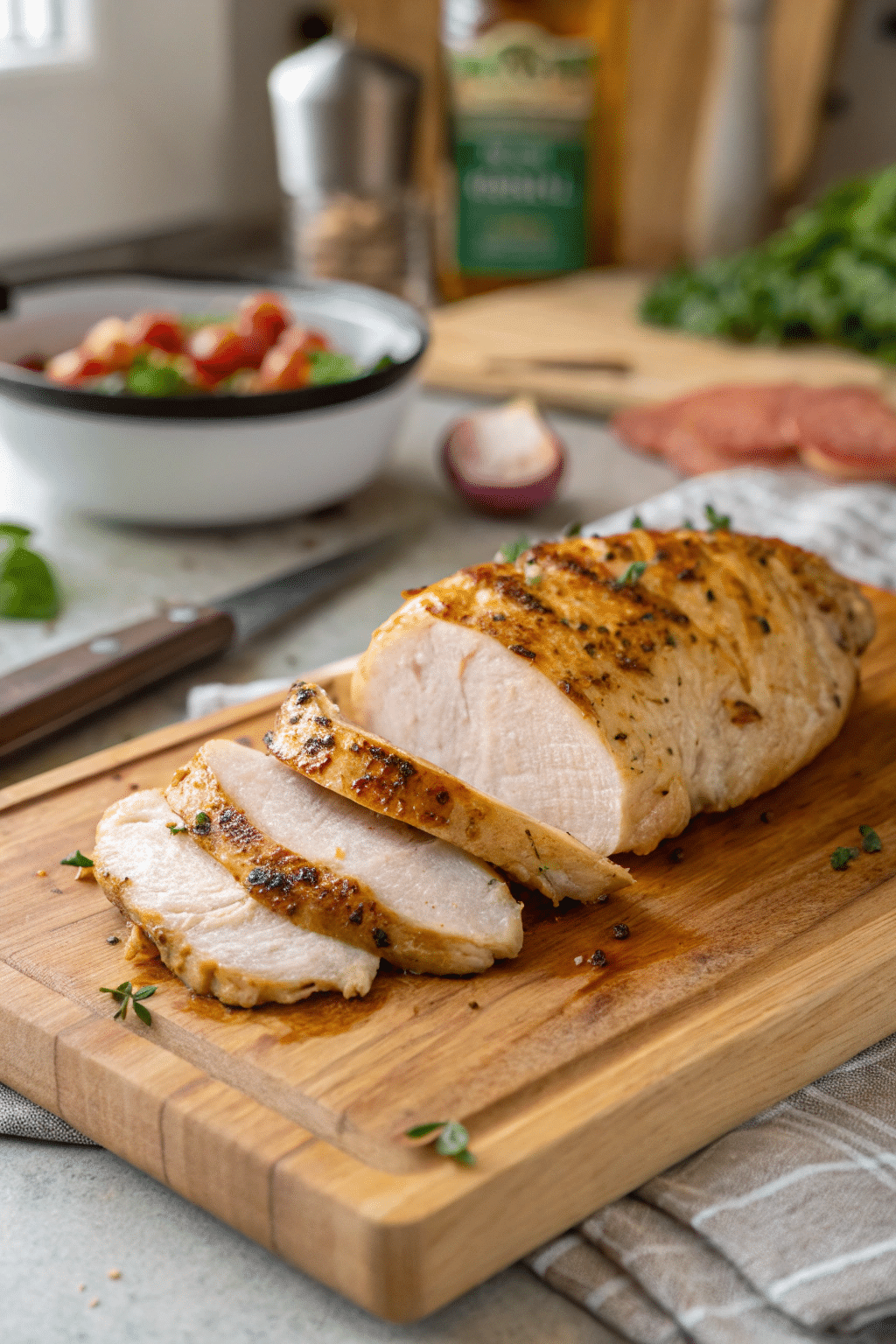 poulet-grille-salade-cesarienne-decoupe découpe de blanc de poulet grillé pour salade césarienne