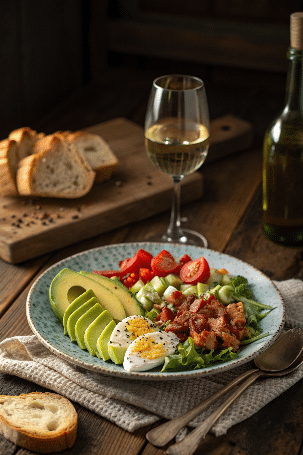 service-recette-salade-cobb-au-poulet Salade Cobb au poulet servie à table avec pain grillé et vin blanc