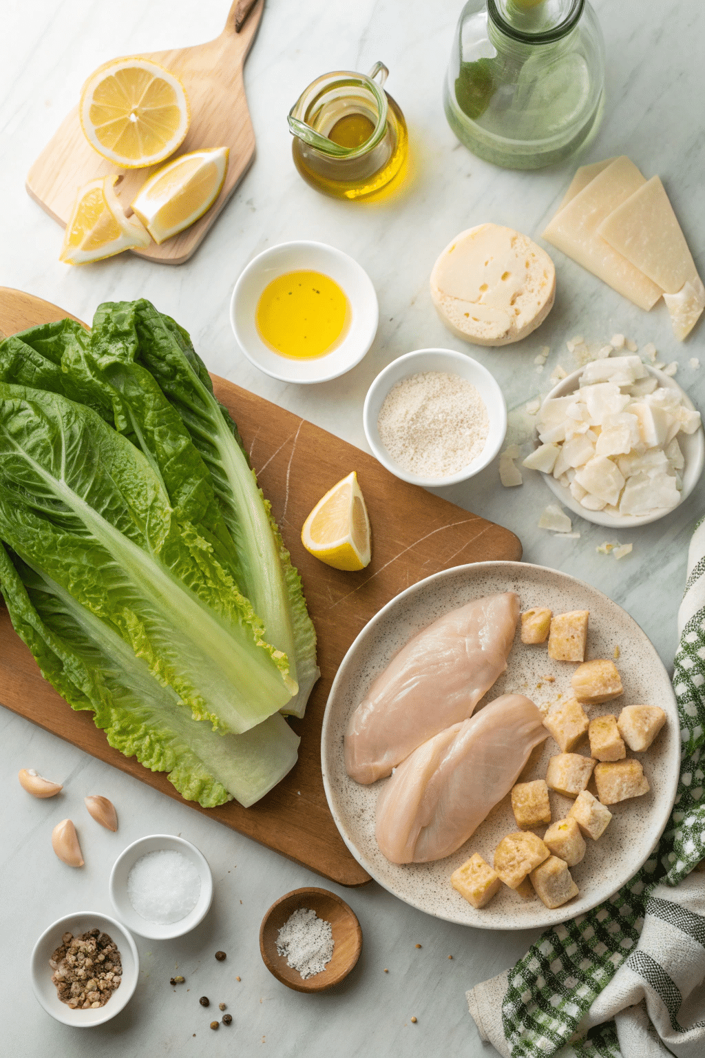 ingredients-salade-cesarienne-poulet-romaine : ingrédients salade césarienne : poulet, romaine, parmesan
