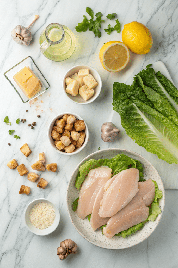 ingredients-salades-cesar-au-poulet Ingrédients pour la salade César au poulet : poulet, laitue, parmesan et sauce