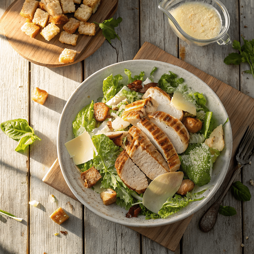 salade césarienne maison sur table rustique avec poulet grillé