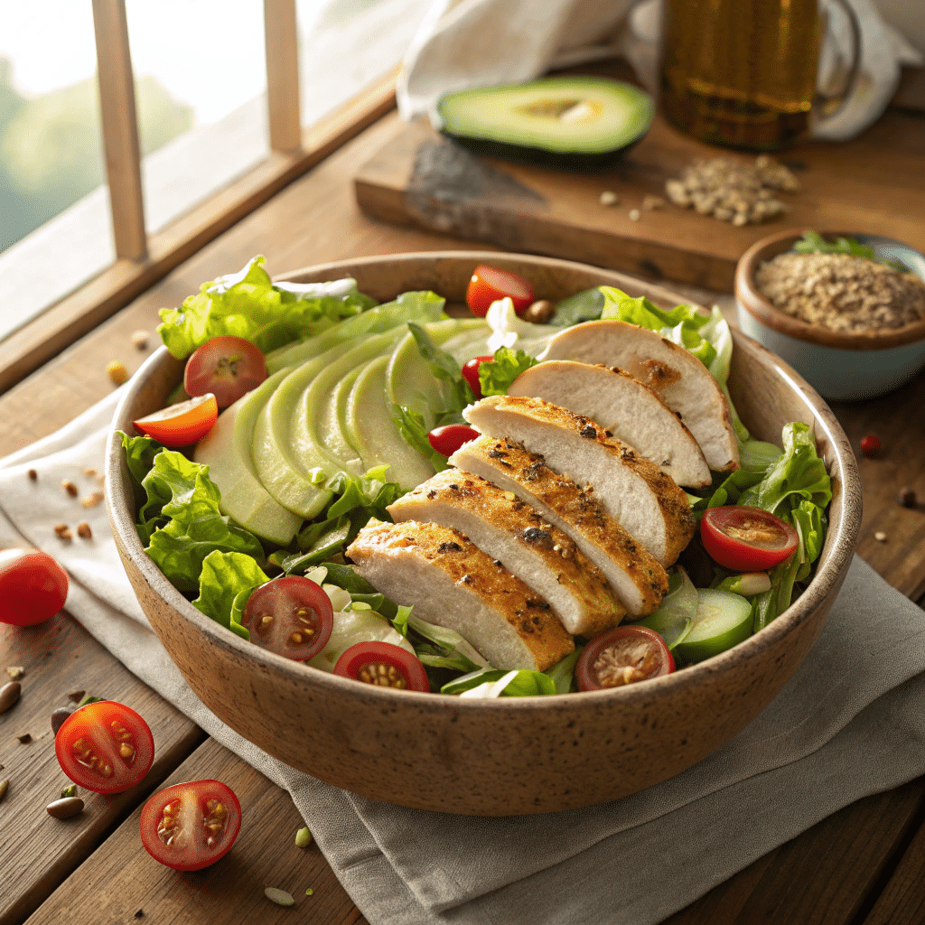 Recette salade de poulet fraîche avec légumes croquants et poulet grillé