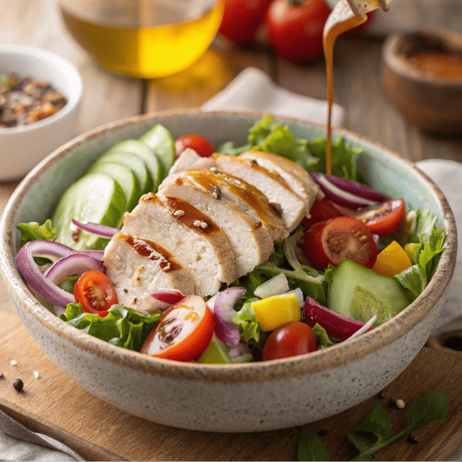 Salade avec émincés de poulet dans un bol, recette fraîche et équilibrée