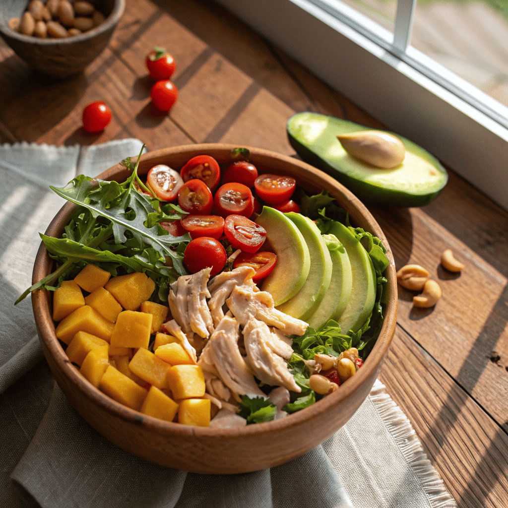 Salade composée avec reste de poulet : idées faciles et savoureuses 1 Salade composée avec reste de poulet servie dans un bol rustique