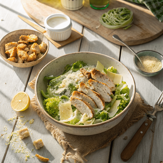 salade de pâtes au poulet césar Marmiton dans un grand bol rustique