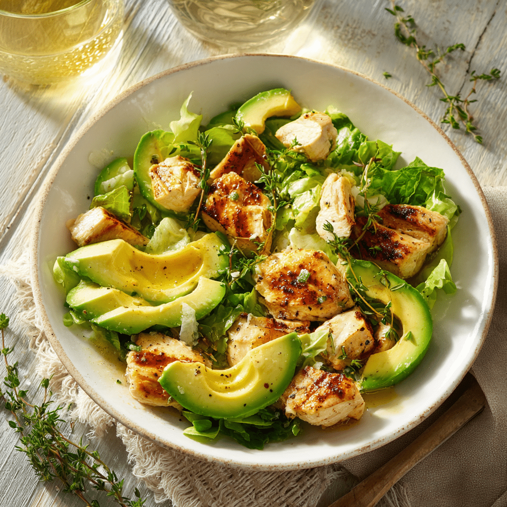 Salade poulet grillé avocat servie avec une vinaigrette maison
