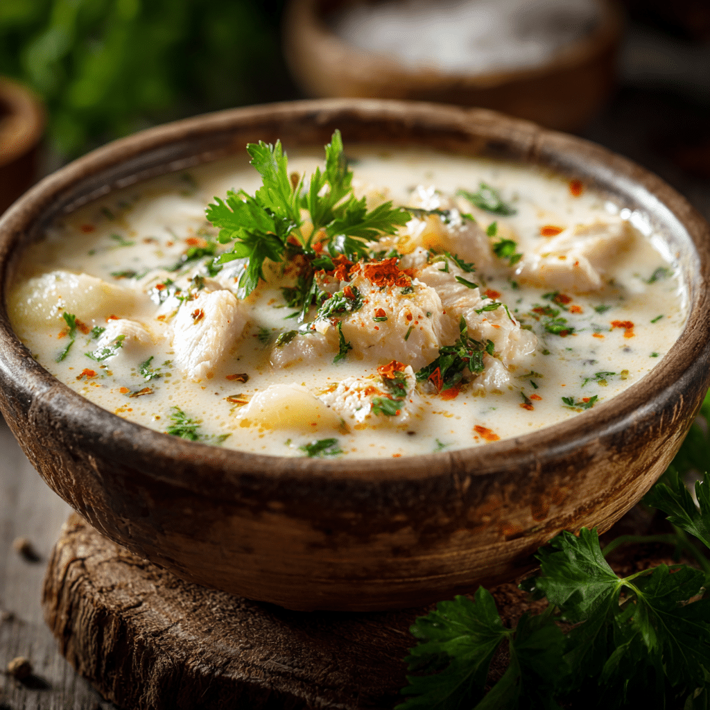 soupe belge de poulet à la crème servie dans un bol rustique