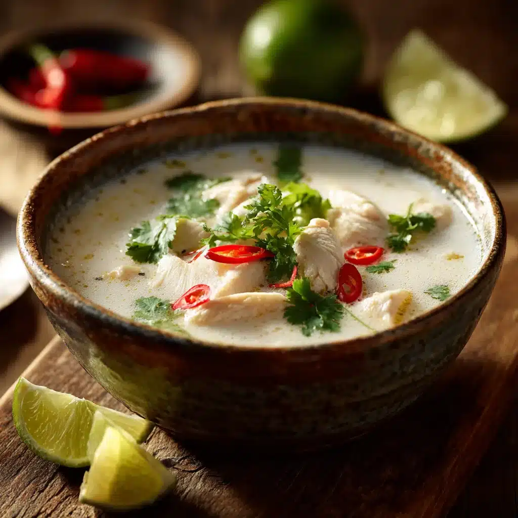 soupe thaï lait de coco poulet servie dans un bol rustique