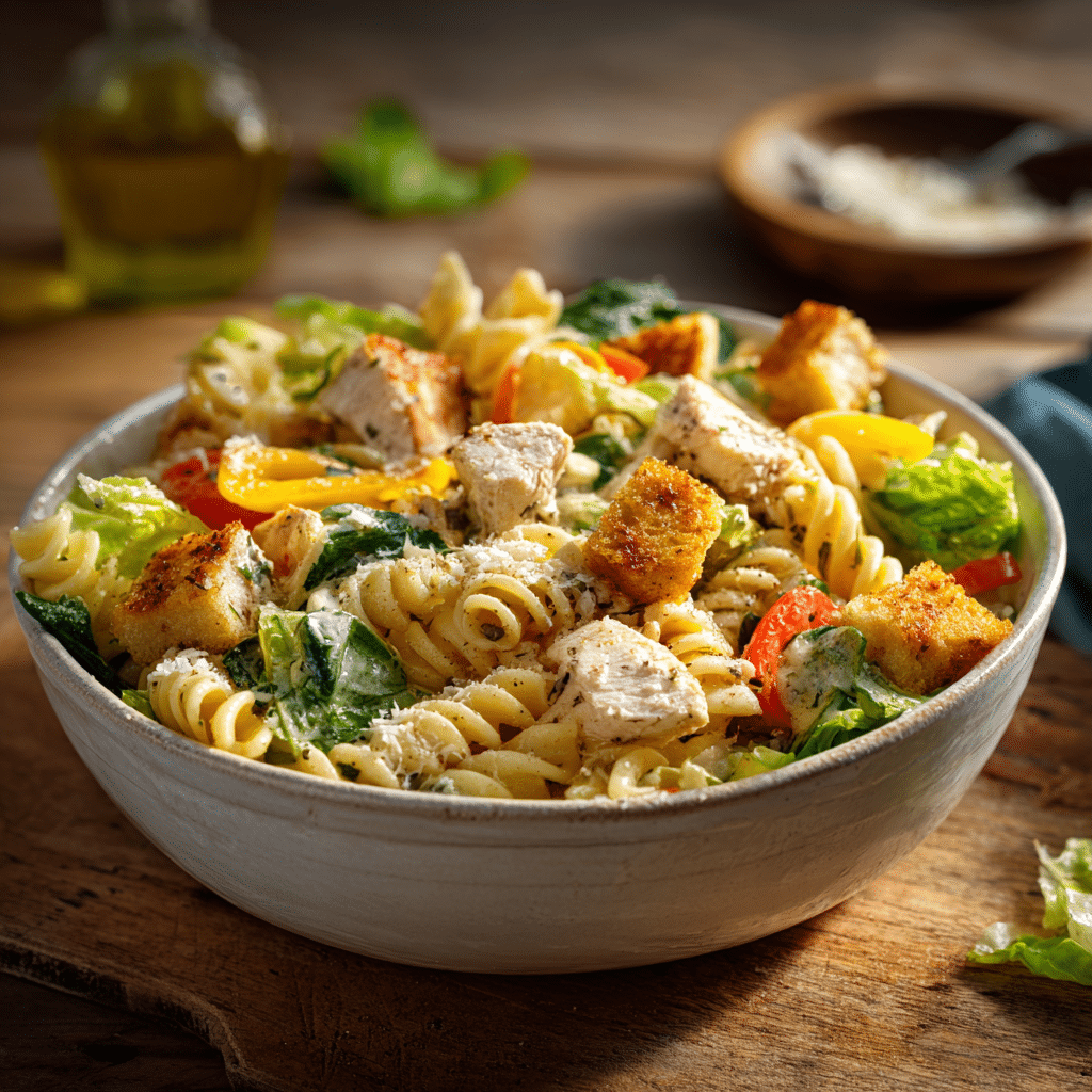 Salade de pâtes au poulet César maison sur une table en bois
