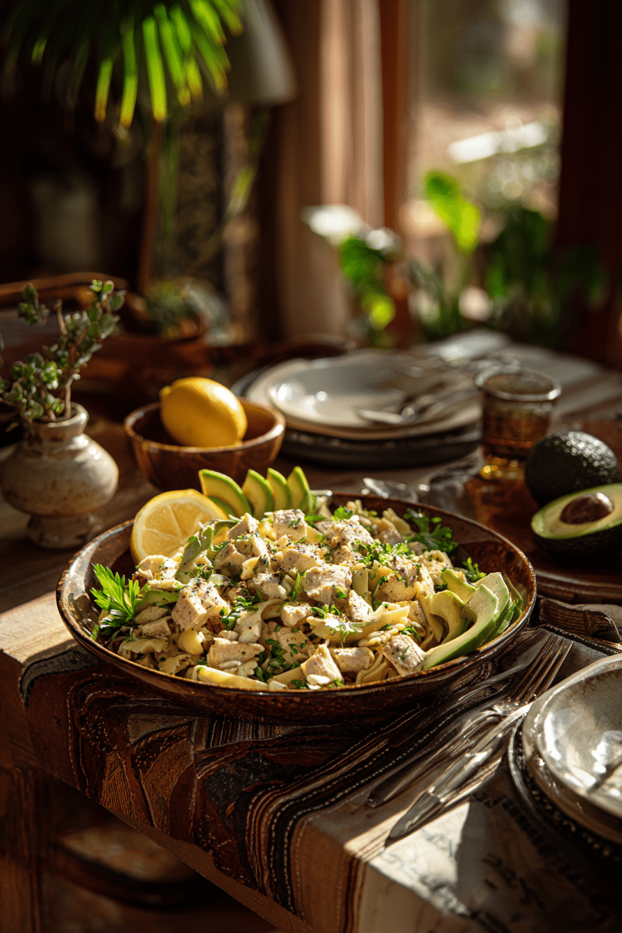presentation-salade-de-pates-poulet-cesar Présentation salade de pâtes au poulet César dans un bol élégant