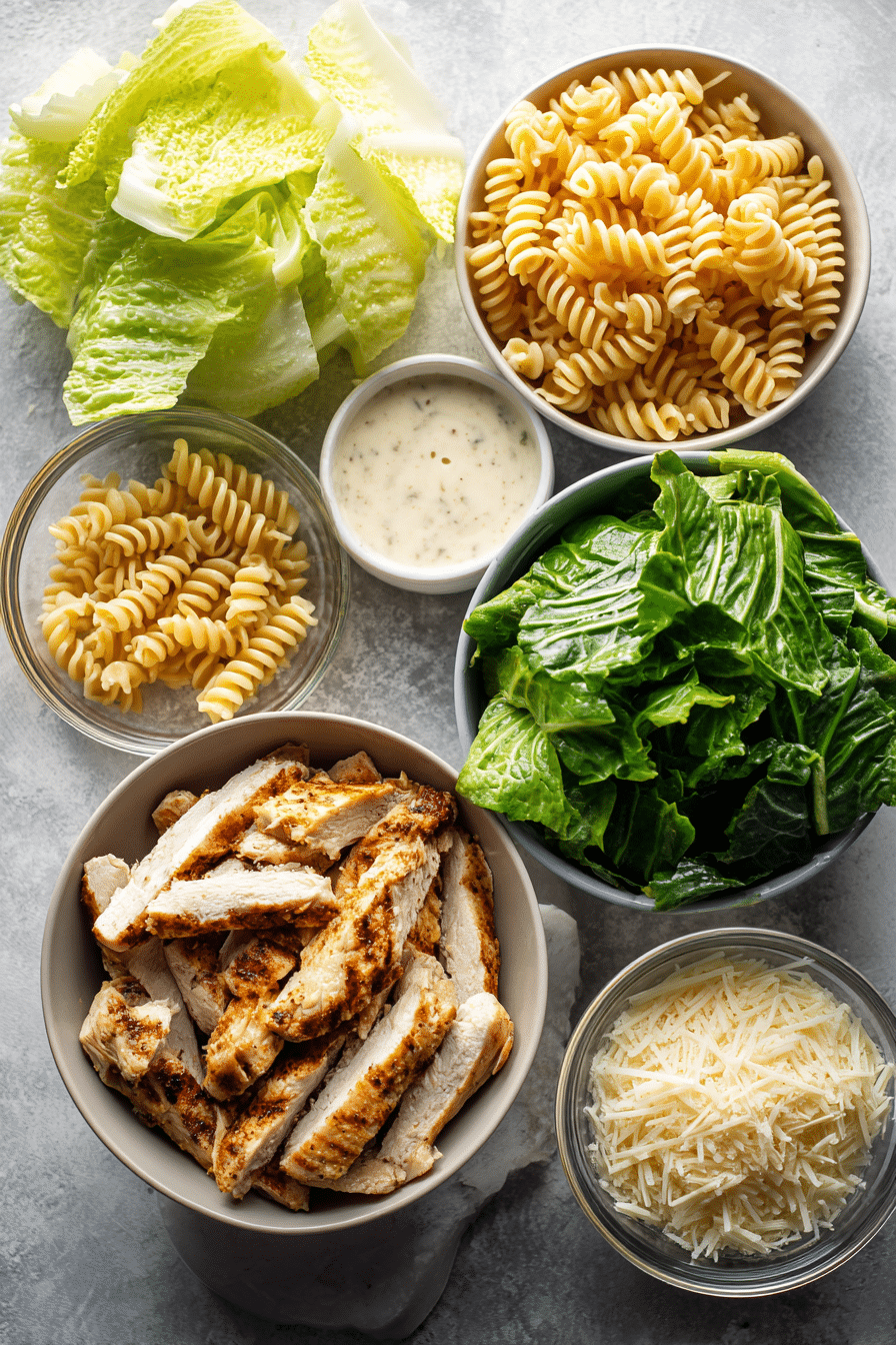 ingredients-salade-de-pates-poulet-cesar Ingrédients pour salade de pâtes au poulet César