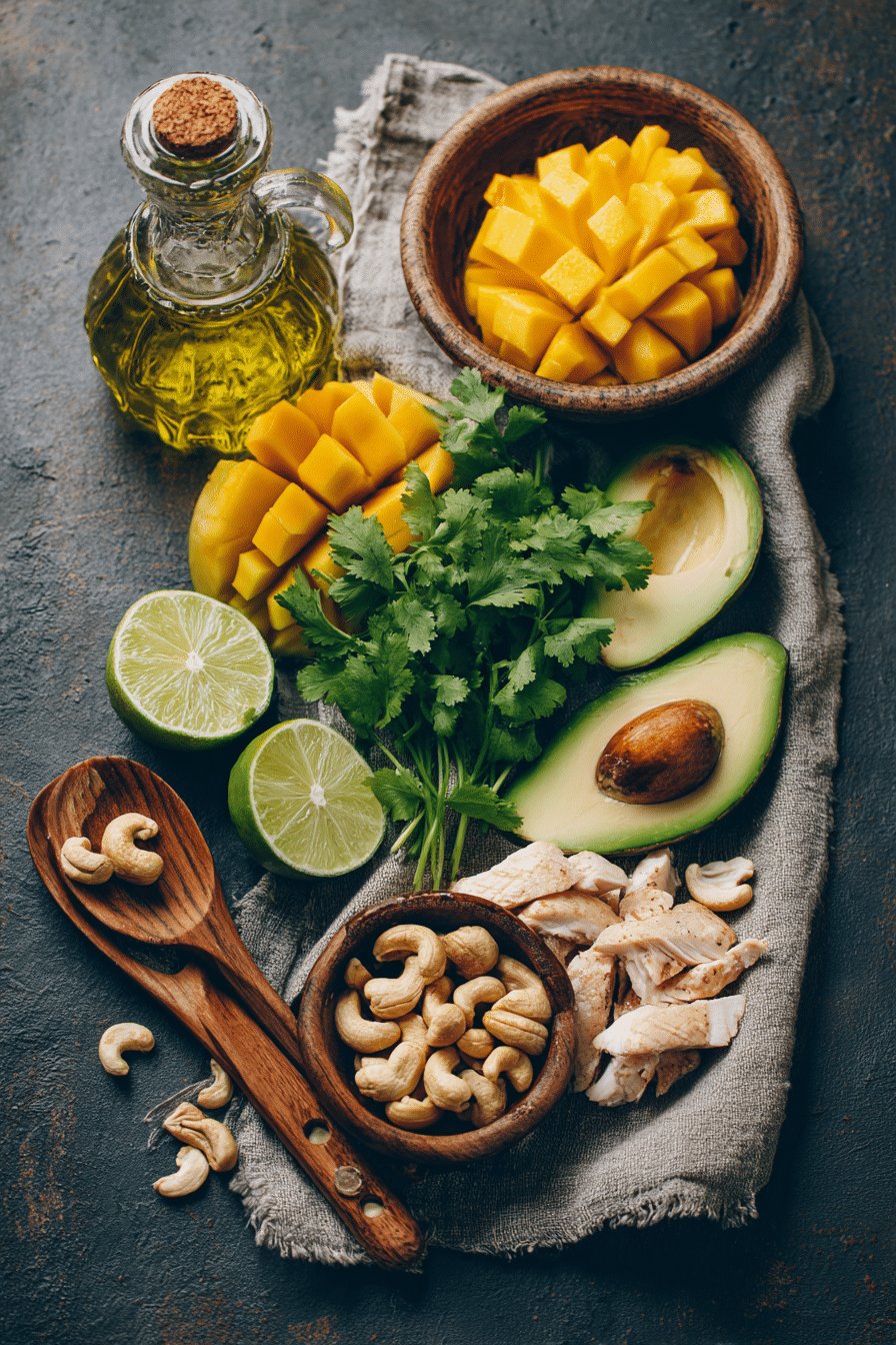 ingredients-salade-mangue-poulet ingrédients salade mangue poulet avocat noix cajou
