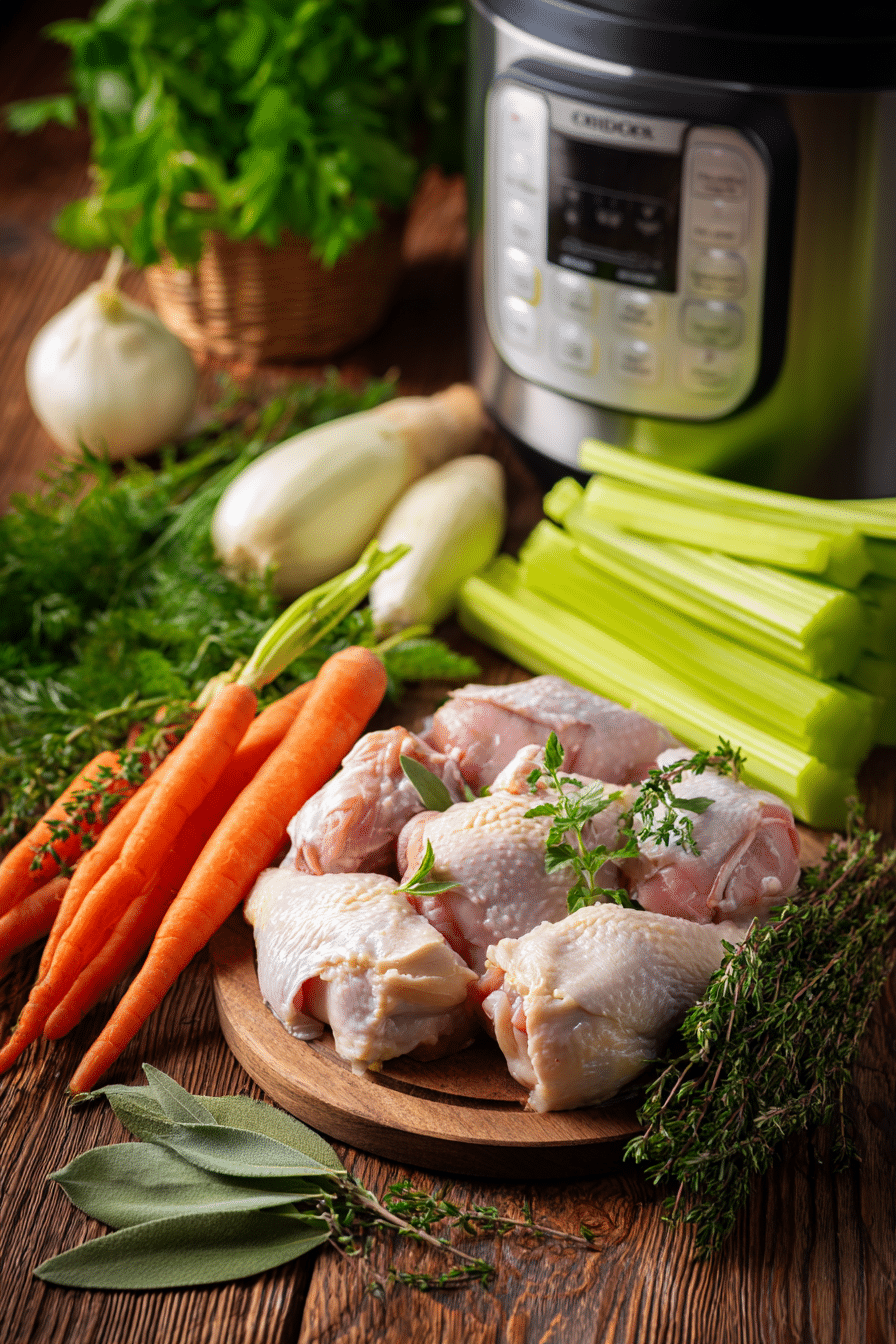 ingredients-soupe-de-poulet-au-cookeo ingrédients pour soupe de poulet au Cookeo : poulet, légumes et herbes
