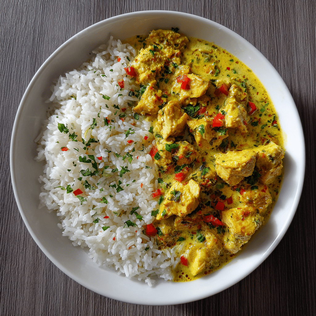 Recette Poulet Curry Lait de Coco : Facile, Crémeuse et Pleine de Saveurs 1 Poulet curry au lait de coco servi avec du riz jasmin, photographié en lumière naturelle