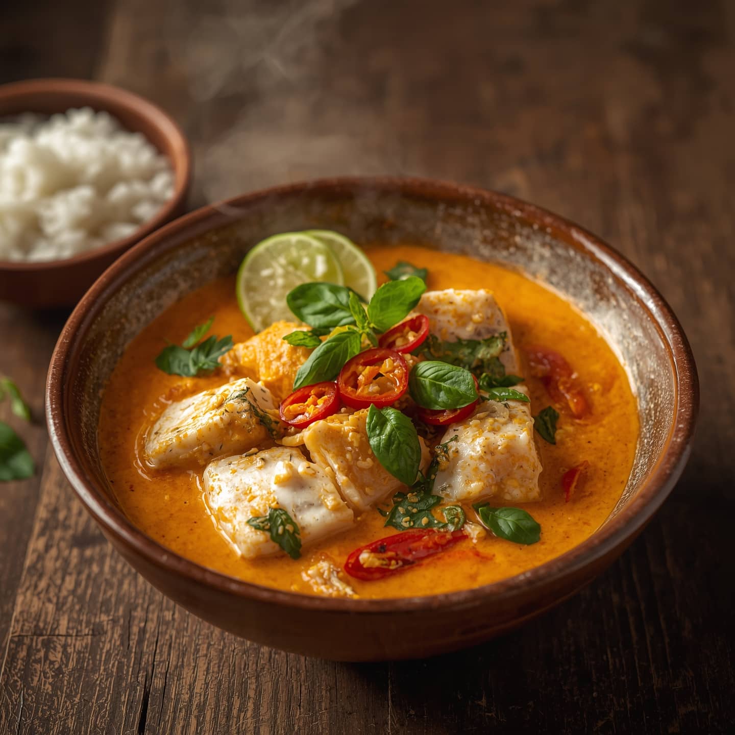Curry de poisson thaï au lait de coco servi dans un bol avec basilic, piment rouge et citron vert, accompagné de riz jasmin.
