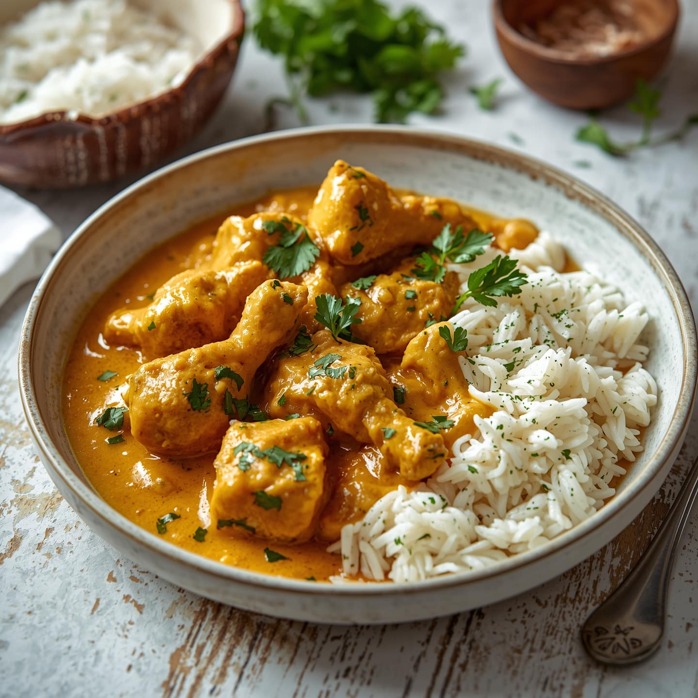 Curry de poulet au lait de coco servi avec riz basmati