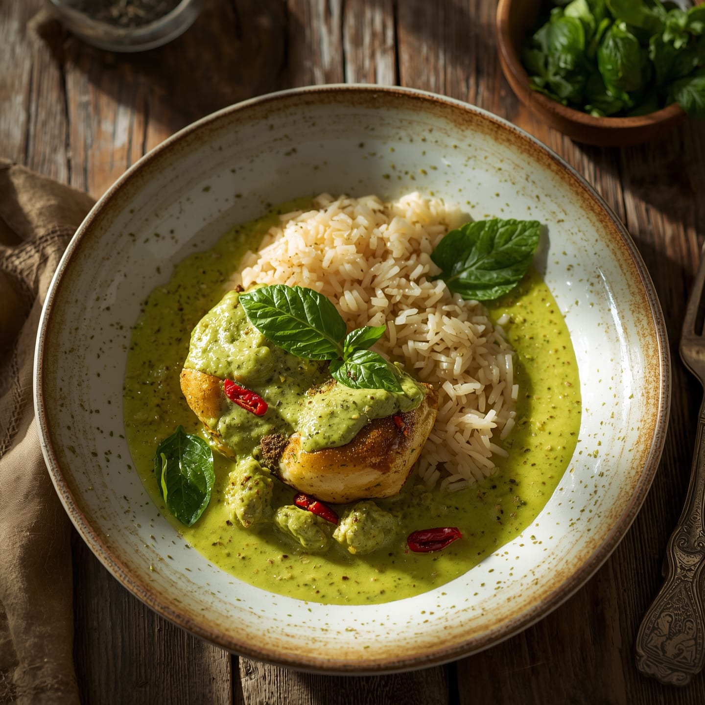 poulet au curry vert thaï avec lait de coco et riz jasmin