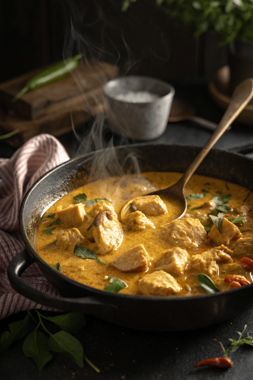 cuisson-poulet-curry-lait-de-coco Cuisson du curry de poulet au lait de coco à feu doux