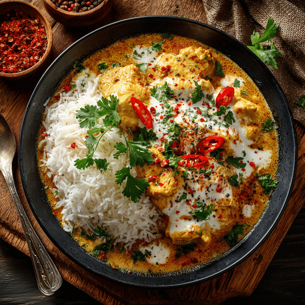 recette poulet au curry crème fraîche servie avec riz basmati