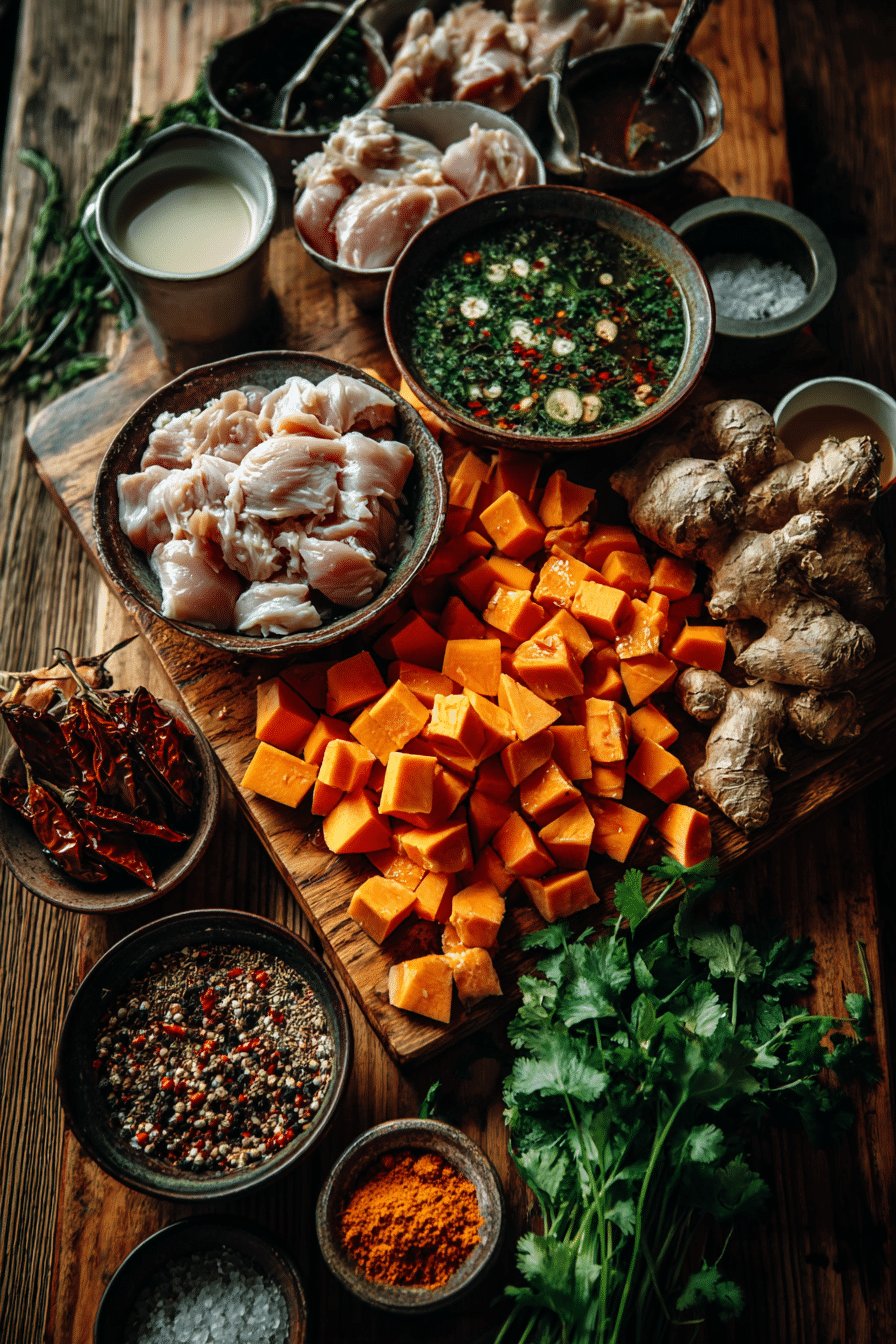 : ingredients-curry-poulet-patate-douce ingrédients du curry poulet patate douce sur planche