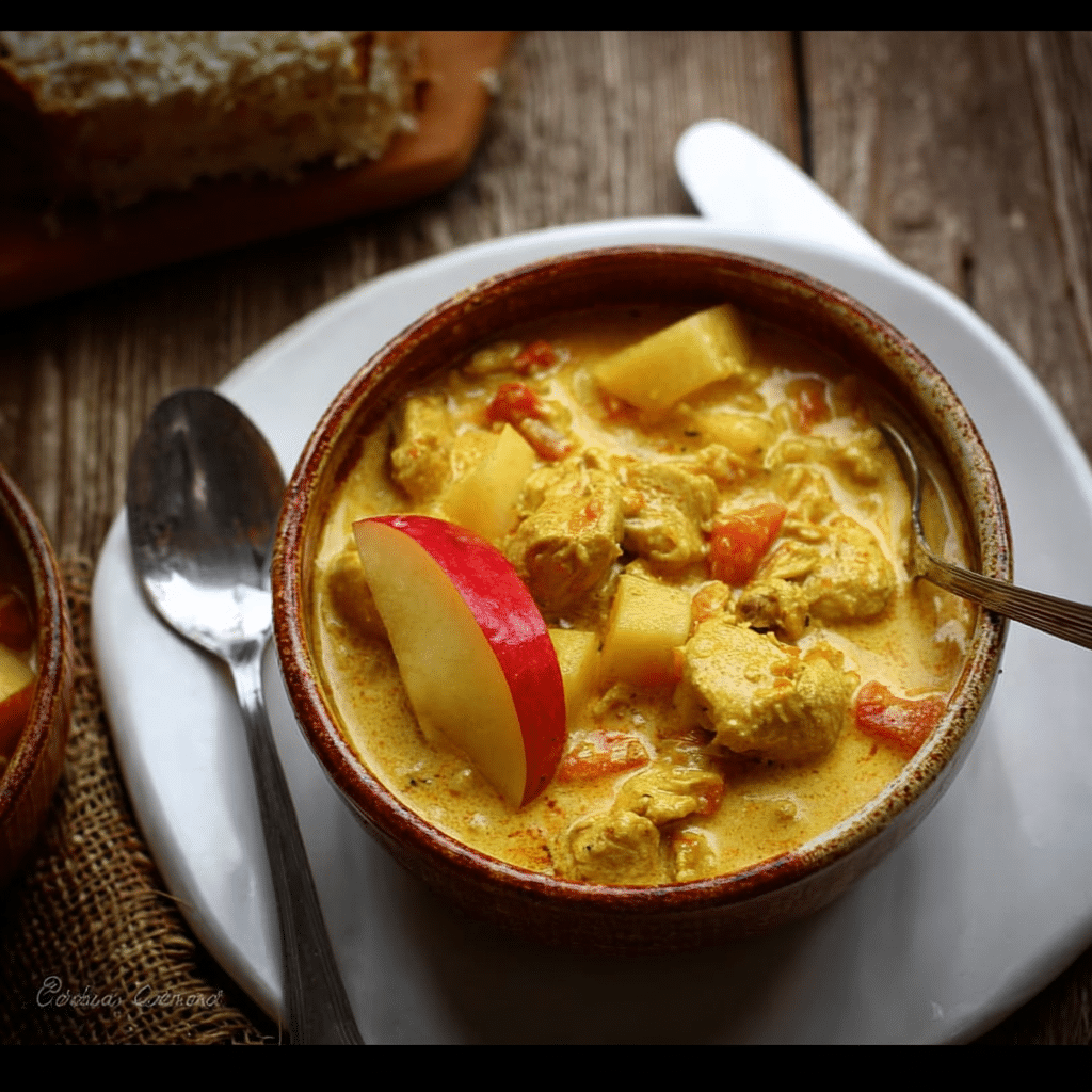 Poulet curry coco pomme dans un bol rustique
