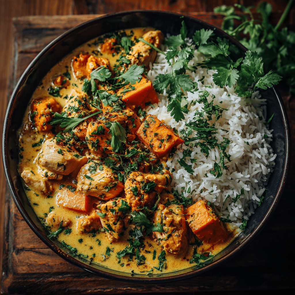 curry poulet patate douce servi avec riz et coriandre