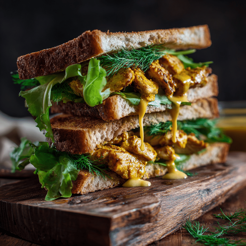 poulet curry sandwich sur planche rustique
