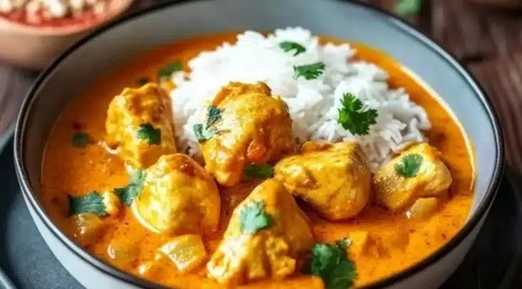 Blanc de poulet au curry servi avec des légumes et du riz