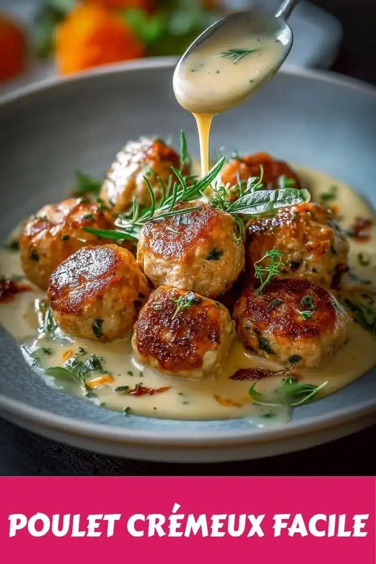 Boulettes de poulet crémeuses 1 Boulettes de poulet crémeuses prêtes à être servies dans une assiette
