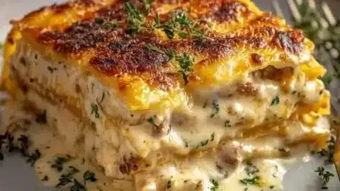 Lasagnes au poulet et béchamel préparées dans un plat familial.