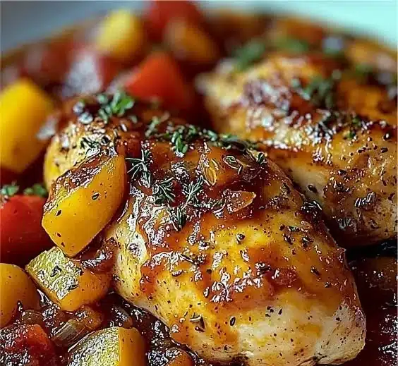 Plat de Poulet Basquaise avec légumes et sauce tomate
