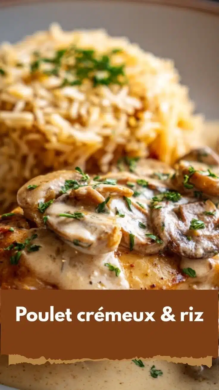 Recette de poulet crémeux avec du riz servi dans une assiette.