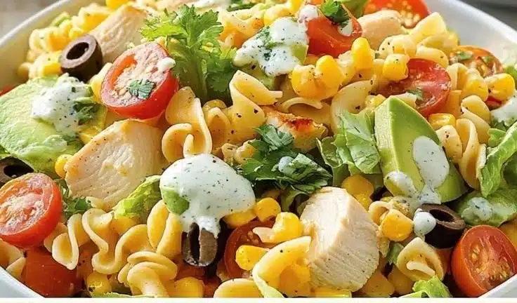 Salade de pâtes au poulet garnie de légumes frais et sauce légère.