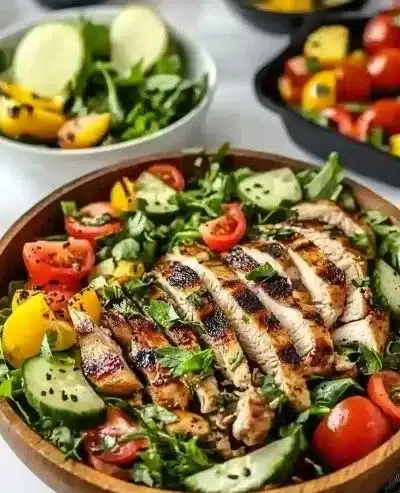 Salade méditerranéenne au poulet grillé, plat coloré et savoureux