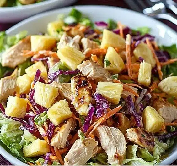 Salade poulet tropicale avec vinaigrette à l'ananas et ingrédients frais