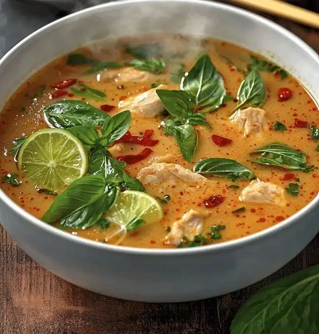 Soupe crémeuse thaï au poulet et lait de coco dans un bol décoratif