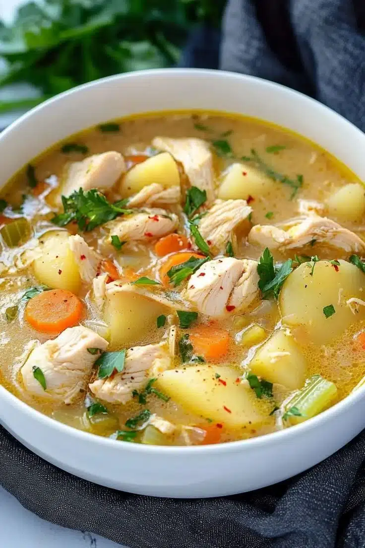 Soupe au poulet réconfortante avec des pommes de terre dans un bol délicieux