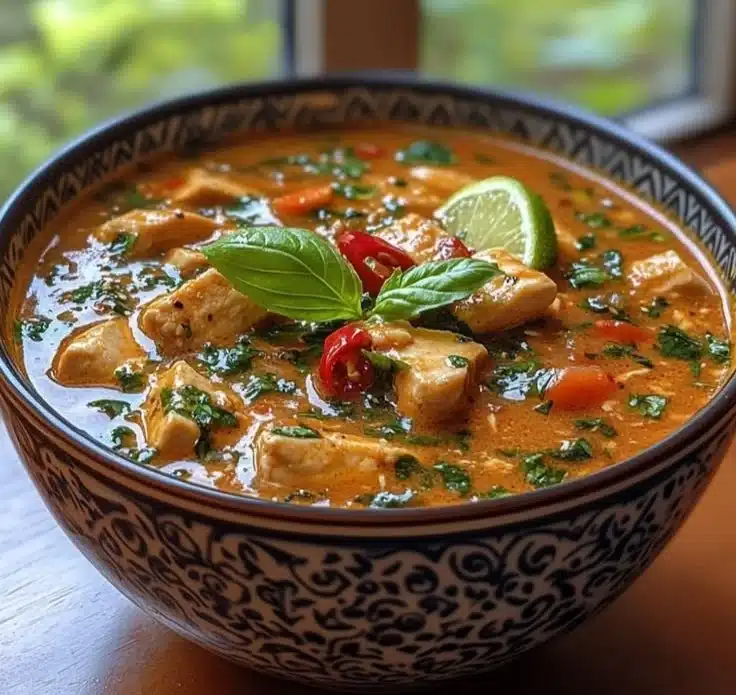 Soupe thaïlandaise au poulet avec basilic et lime, plat savoureux et réconfortant.