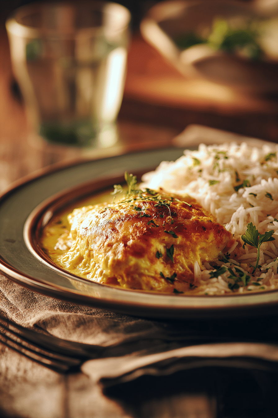 service-curry-poulet-coco-gratine Portion de curry poulet coco gratiné servie avec riz basmati