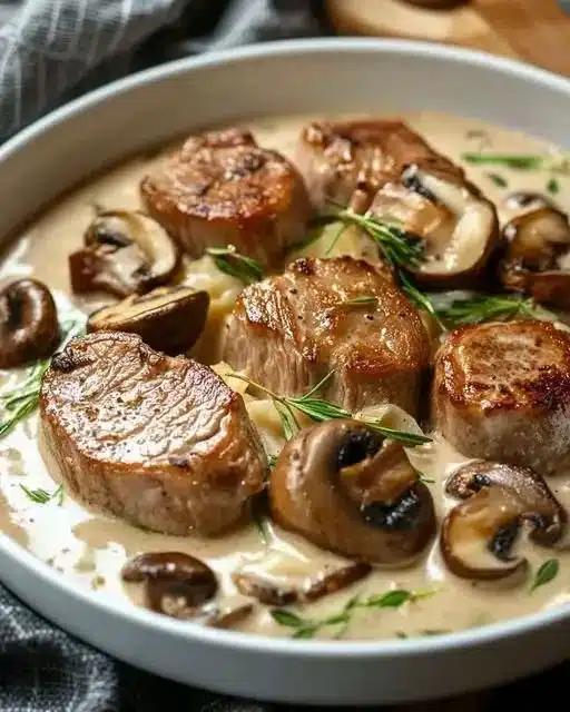Blanquette de filet mignon de porc aux champignons 1 Blanquette de filet mignon de porc aux champignons servie dans une assiette