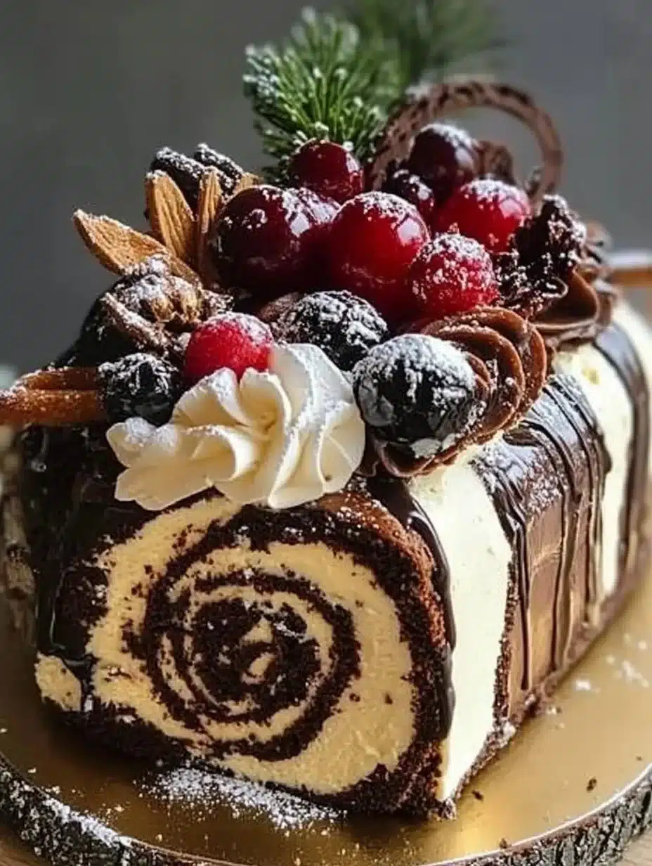 Bûche de Noël : Une Recette Incroyable Ultime à Découvrir 1 Bûche de Noël décorée pour Noël avec un glaçage chocolat