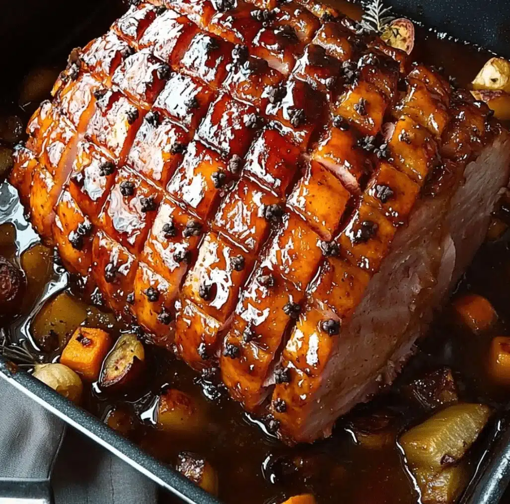 Jambon de Noël Rôti au Miel et au Romarin | Recette 2 Jambon de Noël rôti au miel et au romarin sur une table de fête