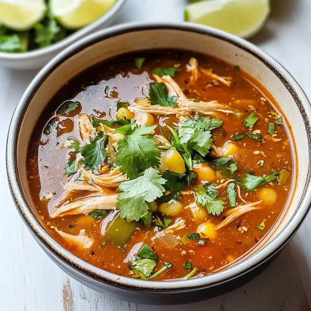 Soupe Enchilada au Poulet 1 Soupe Enchilada au Poulet servie dans un bol avec garnitures fraîches