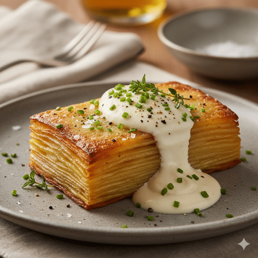 Millefeuille de pommes de terre avec crème à l'ail 2 Gemini Generated Image uznfzbuznfzbuznf
