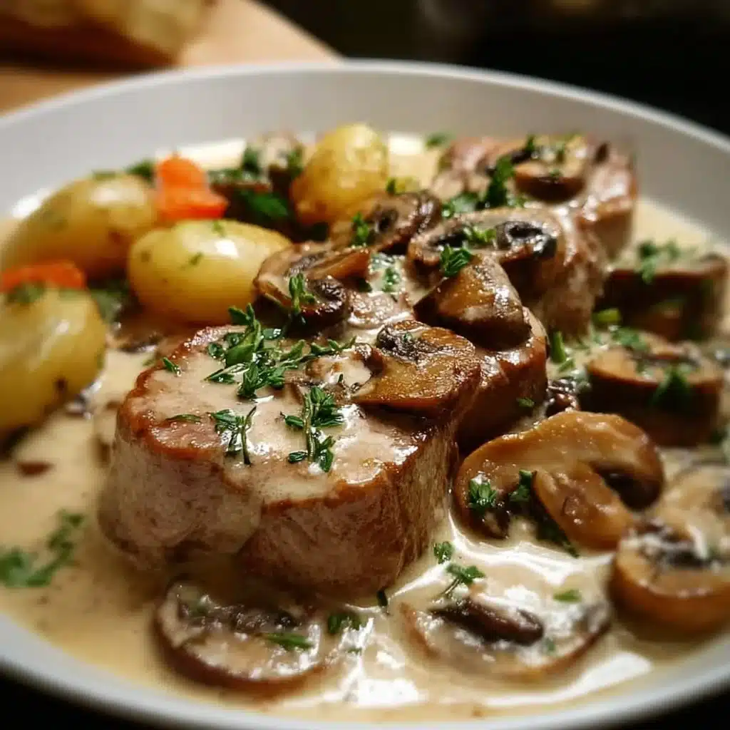 Blanquette de filet mignon de porc aux champignons servie dans un plat élégant.