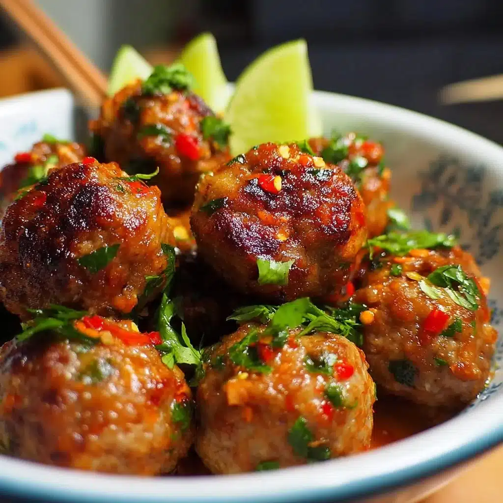 Boulettes épicées thaïes servies avec sauce piquante.
