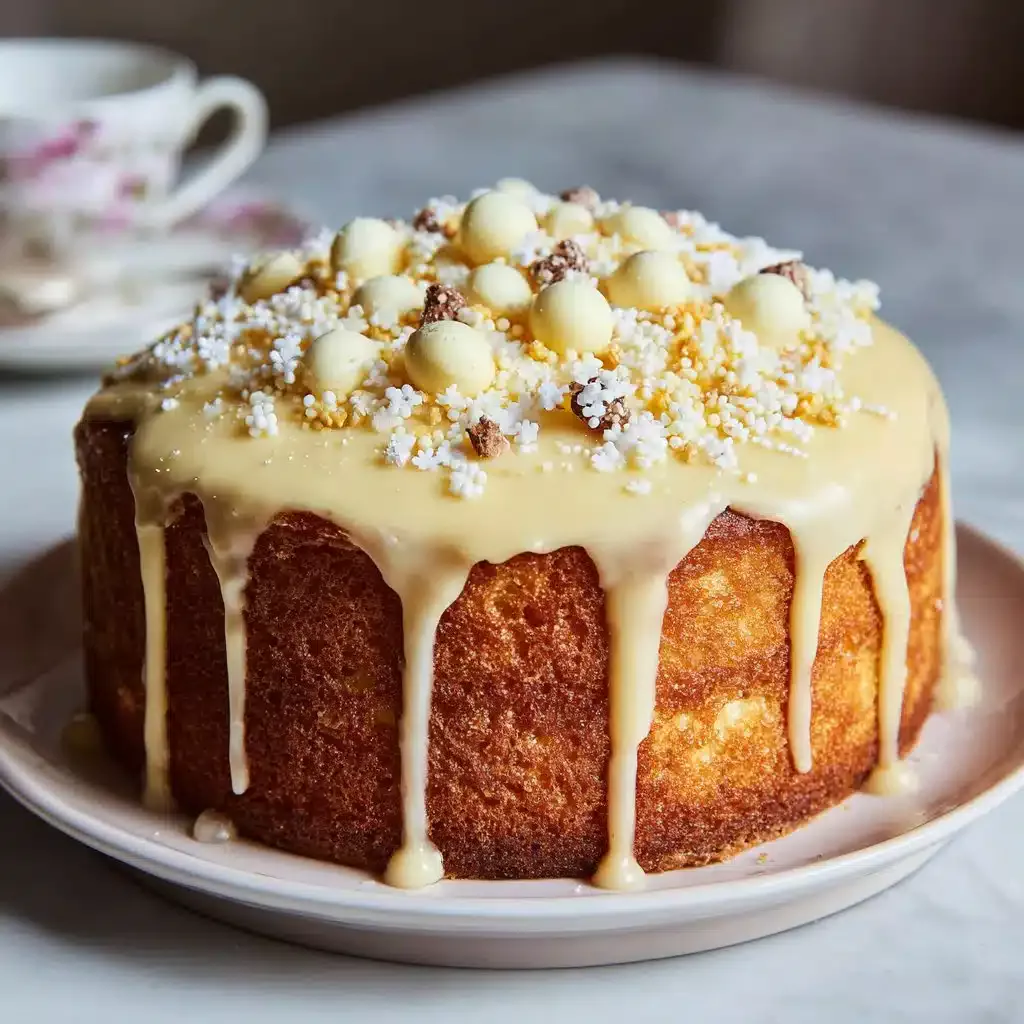 Un délicieux cake au chocolat blanc décoré, parfait pour les gourmands.