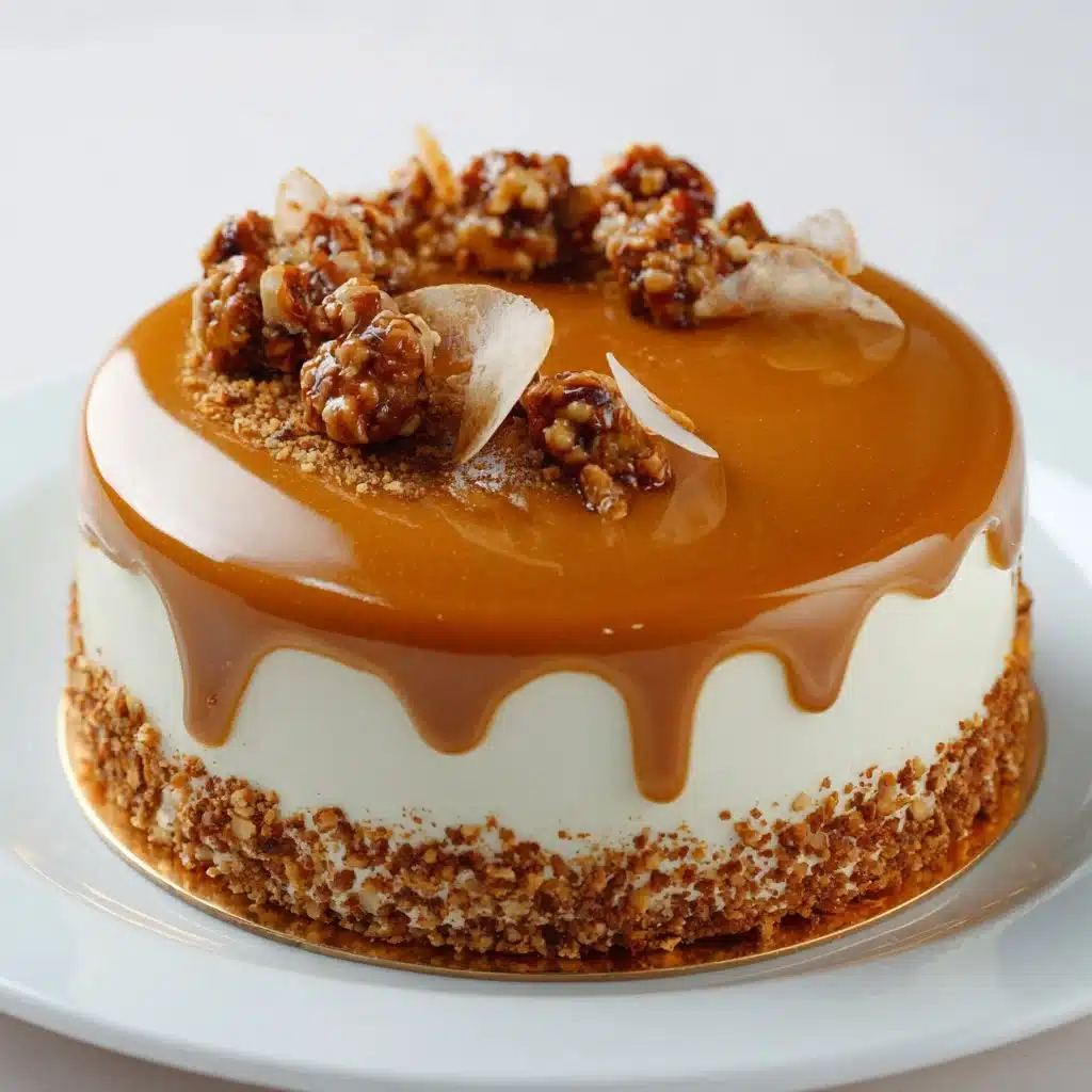 Entremets au praliné décoré avec des noix de pécan et du chocolat